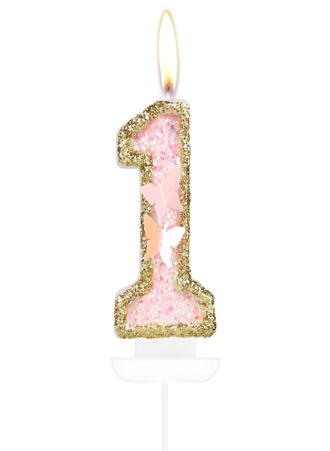 iNINGER Birthday Candle,Butterfly 1st Birthday Party Decorations for Women/Girl,Gold Pink Birthday Number 1 Candle,2.75" Large Glitter Birthday Candles Wedding Cake Topper Anniversary Party Decor - Image 1